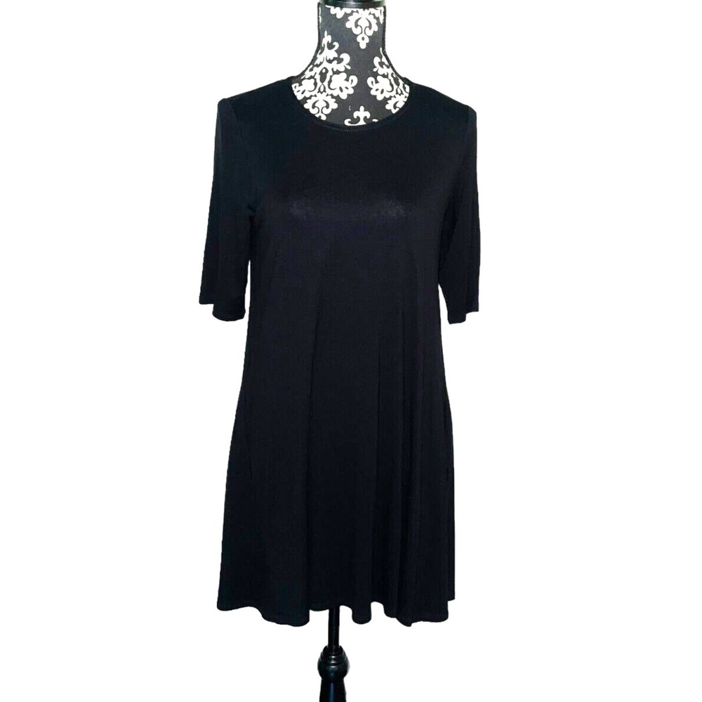 Eileen Fisher Dress XS Black T Shirt Viscose Knit Minimalist Preppy Clean Girl